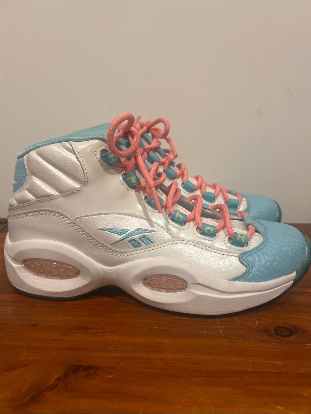 Reebok Kids White, Light Blue and Pink High-Top Sneakers Iverson Questions